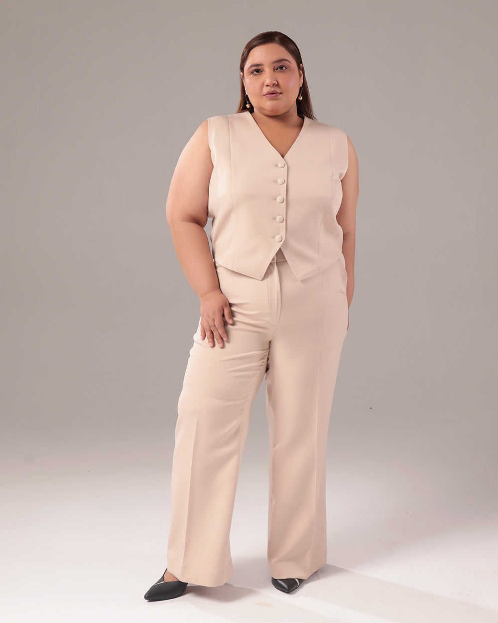Beige Slim Fit Blazer Set