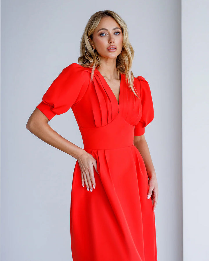 Red V-Neck Puff-Sleeve Midi Dress