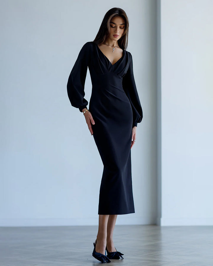 Black V-Neck Puff-Sleeve Midi Dress