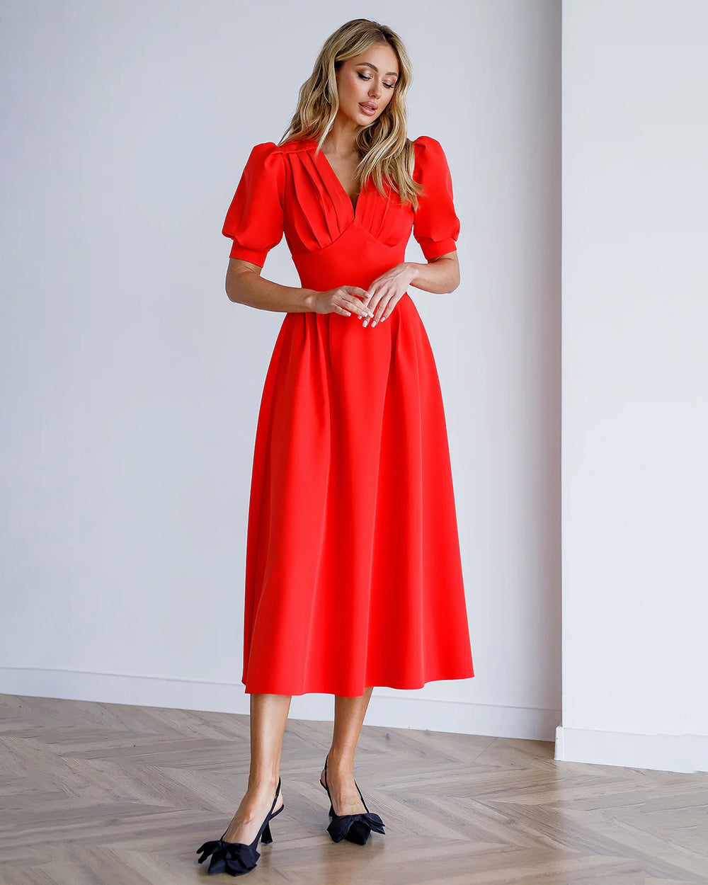 Red V-Neck Puff-Sleeve Midi Dress