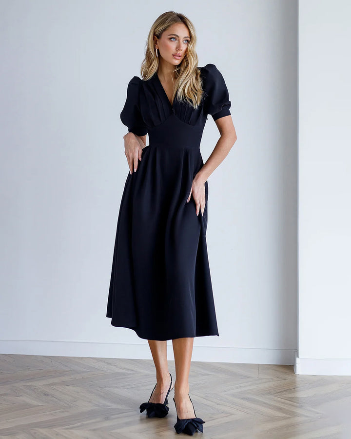 Black V-Neck Puff-Sleeve Midi Dress