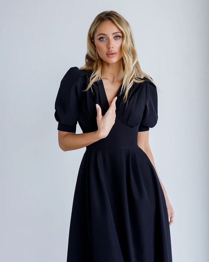 Black V-Neck Puff-Sleeve Midi Dress