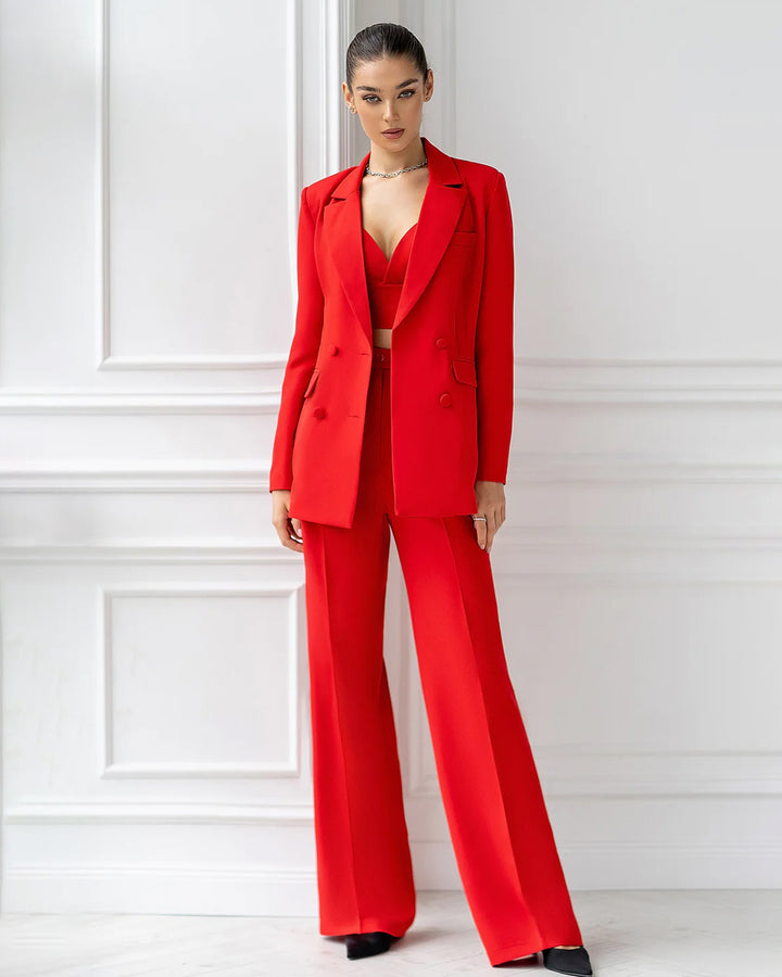 Red Double Breasted Wide-Leg Suit