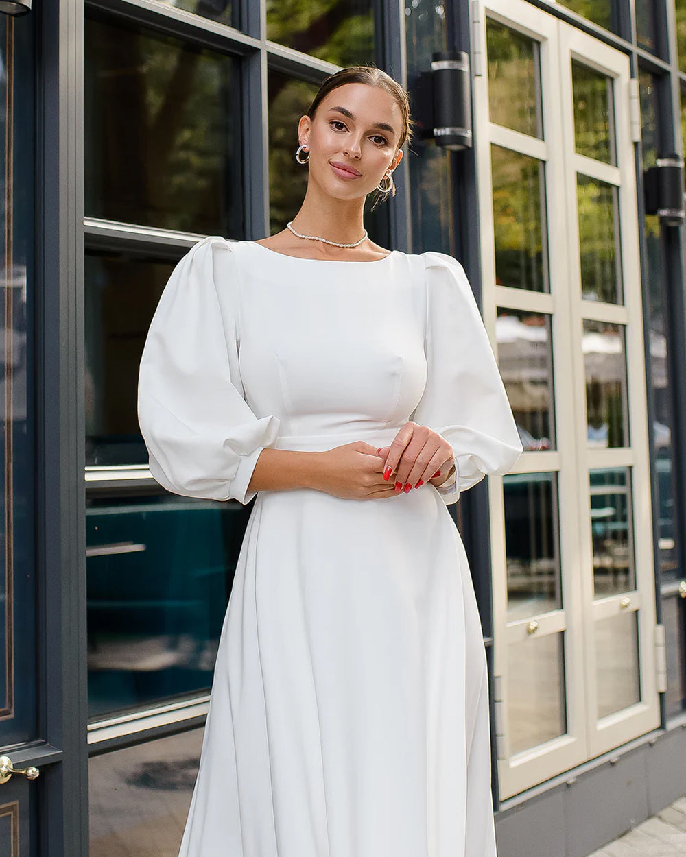 White Backless Puff Sleeve Midi Dress