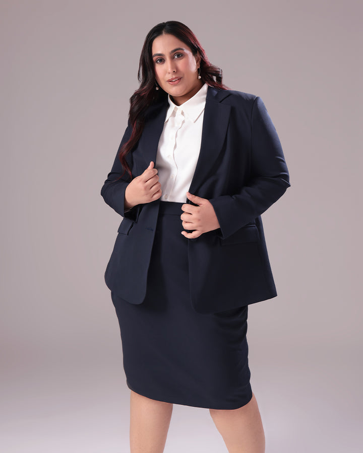 Navy Blue Single Breasted Blazer & Skirt Set