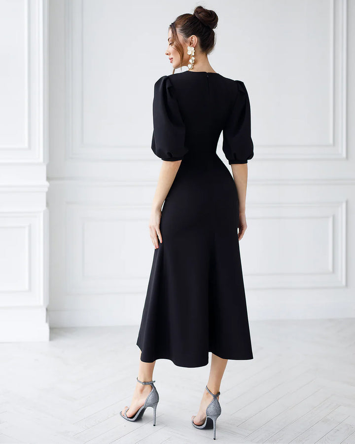 Black Puff-Sleeve Midi Dress