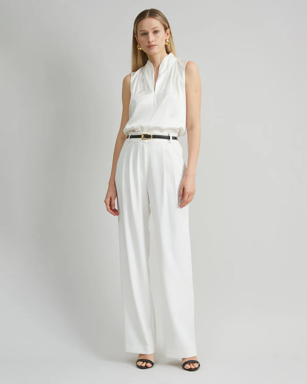 Elina White pleated Wide-Leg Pants