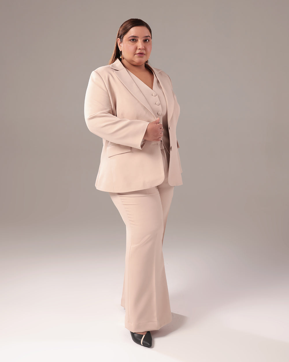 Beige Slim Fit Blazer Set