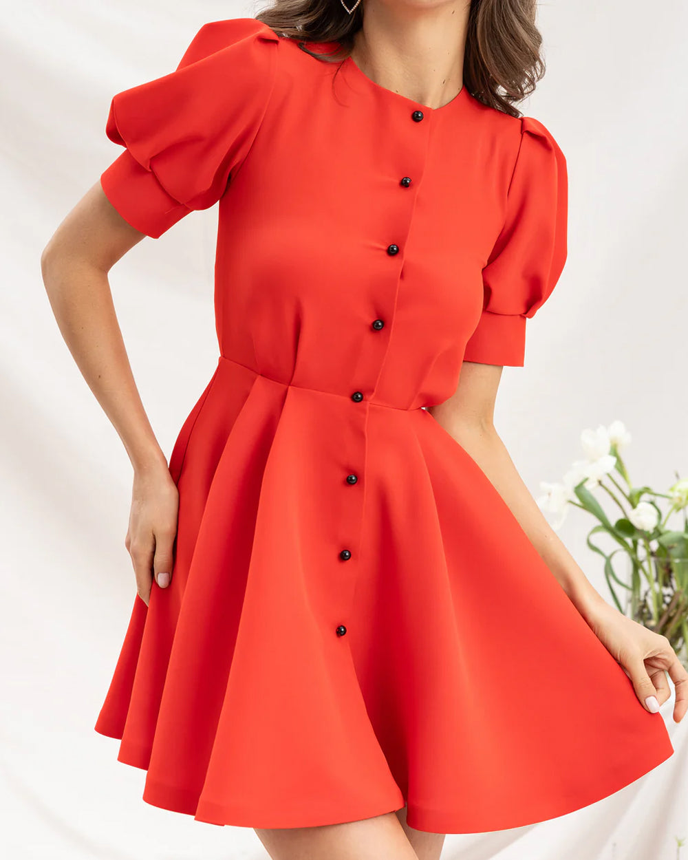 Red Buttoned Puff-Sleeve Mini Dress