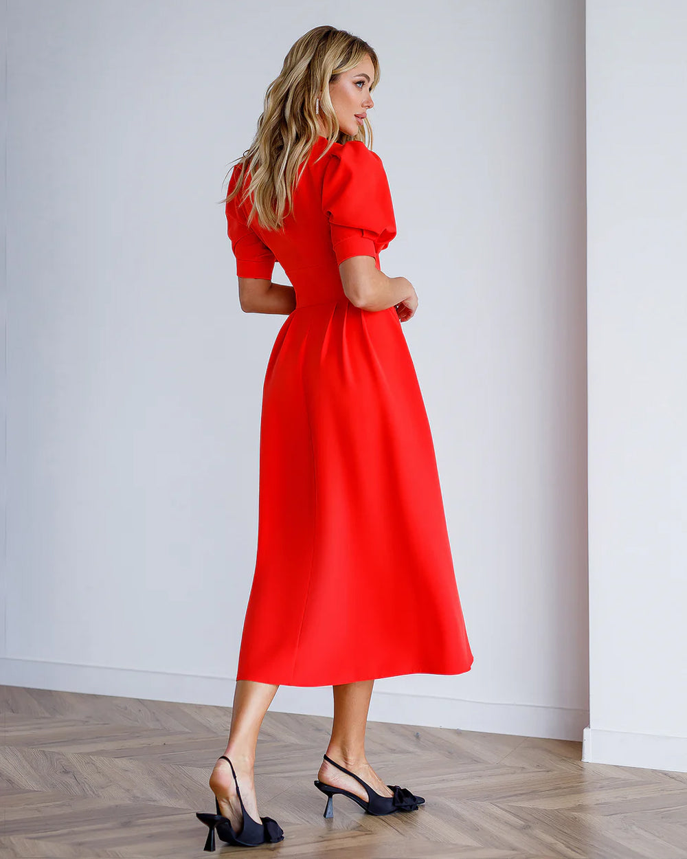 Red V-Neck Puff-Sleeve Midi Dress