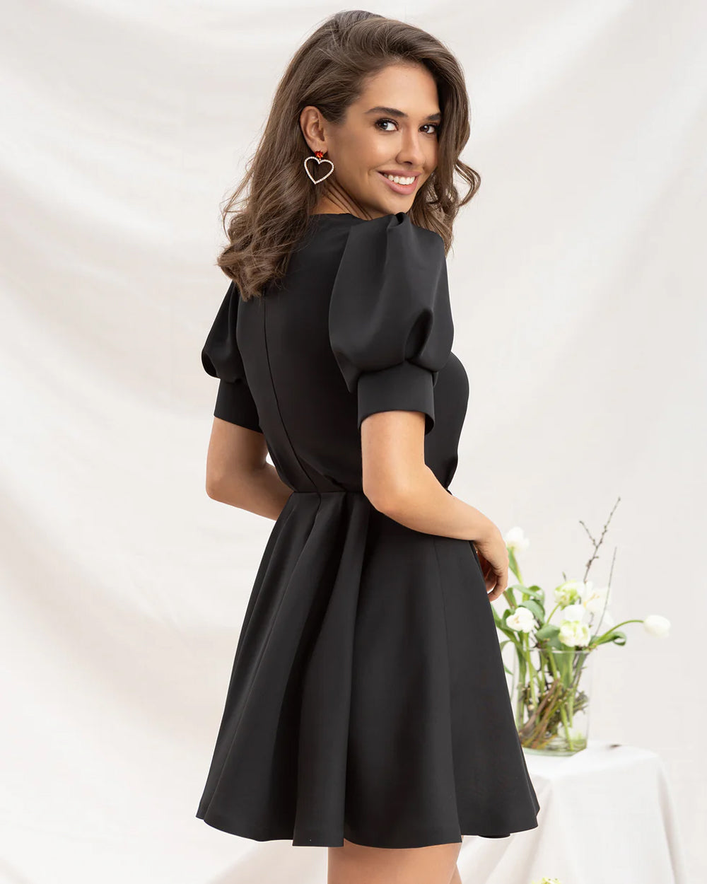 Black Buttoned Puff-Sleeve Mini Dress