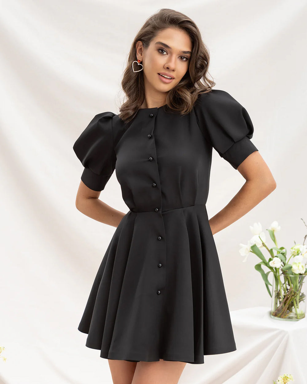 Black Buttoned Puff-Sleeve Mini Dress