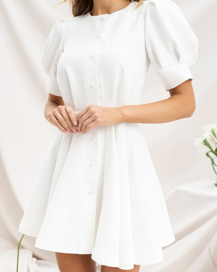 White Buttoned Puff-Sleeve Mini Dress