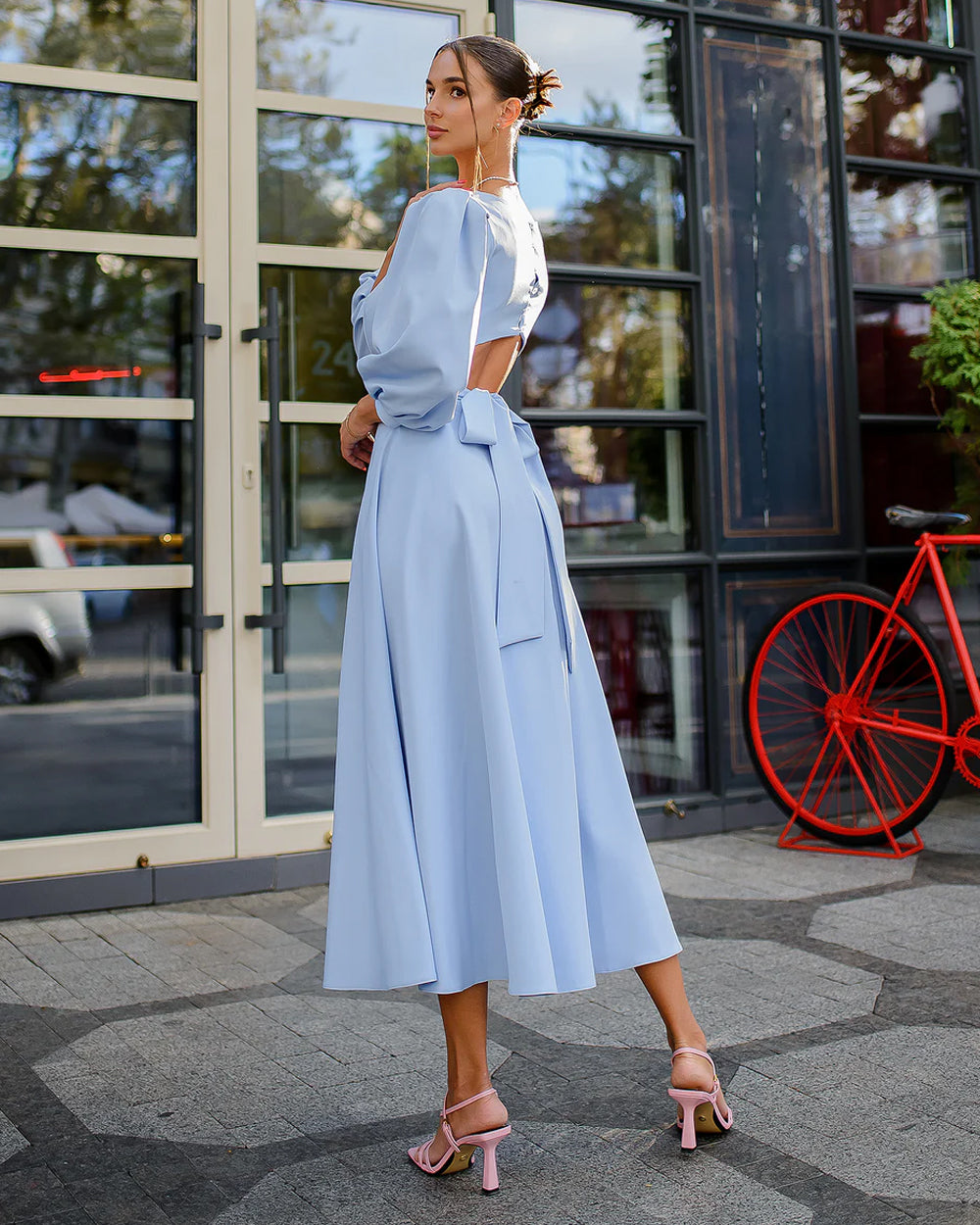 Sky-Blue Backless Puff Sleeve Midi Dress