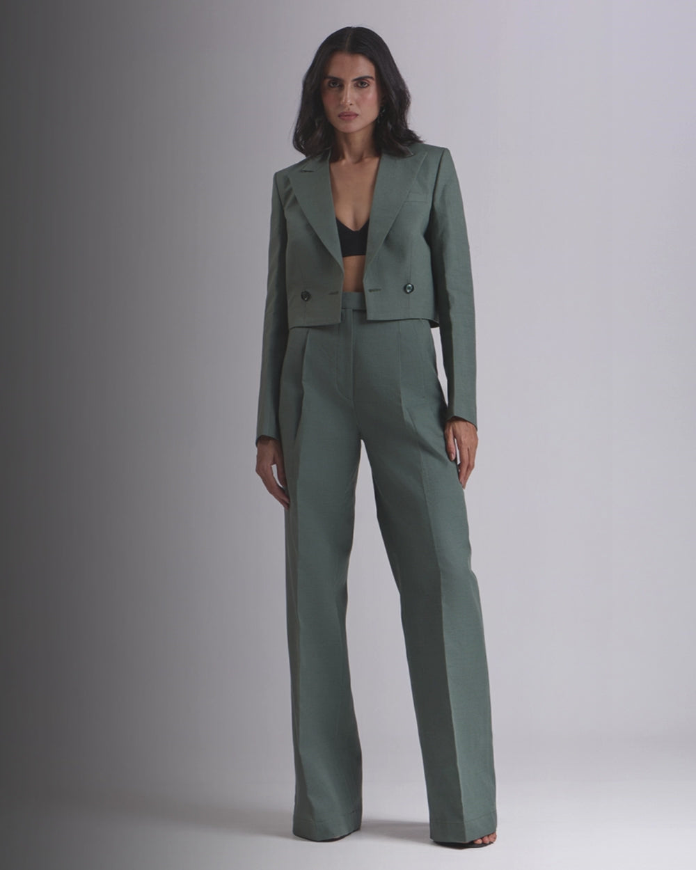 Green Crop Jacket Suit 2 Piece