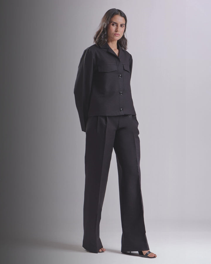 Black Crop Shirt And Pant Set