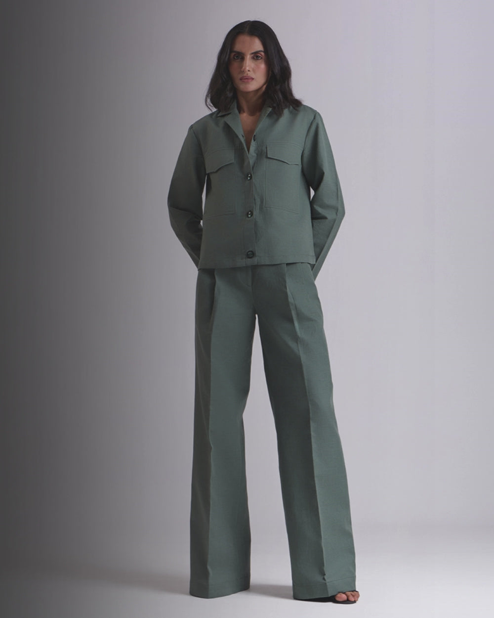 Green Crop Shirt And Pant Set