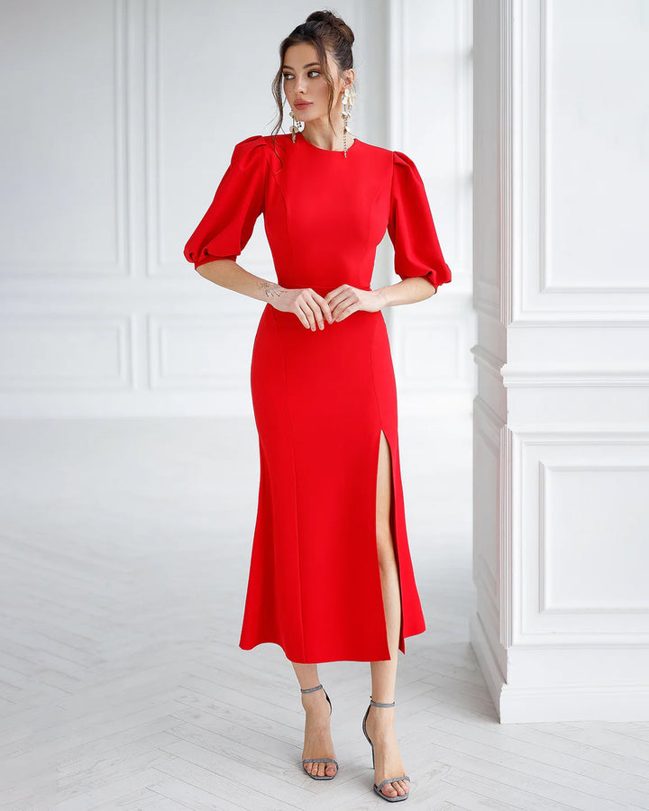 Red Puff-Sleeve Midi Dress