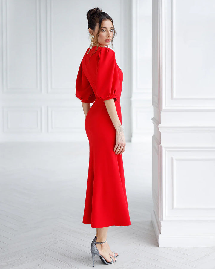 Red Puff-Sleeve Midi Dress