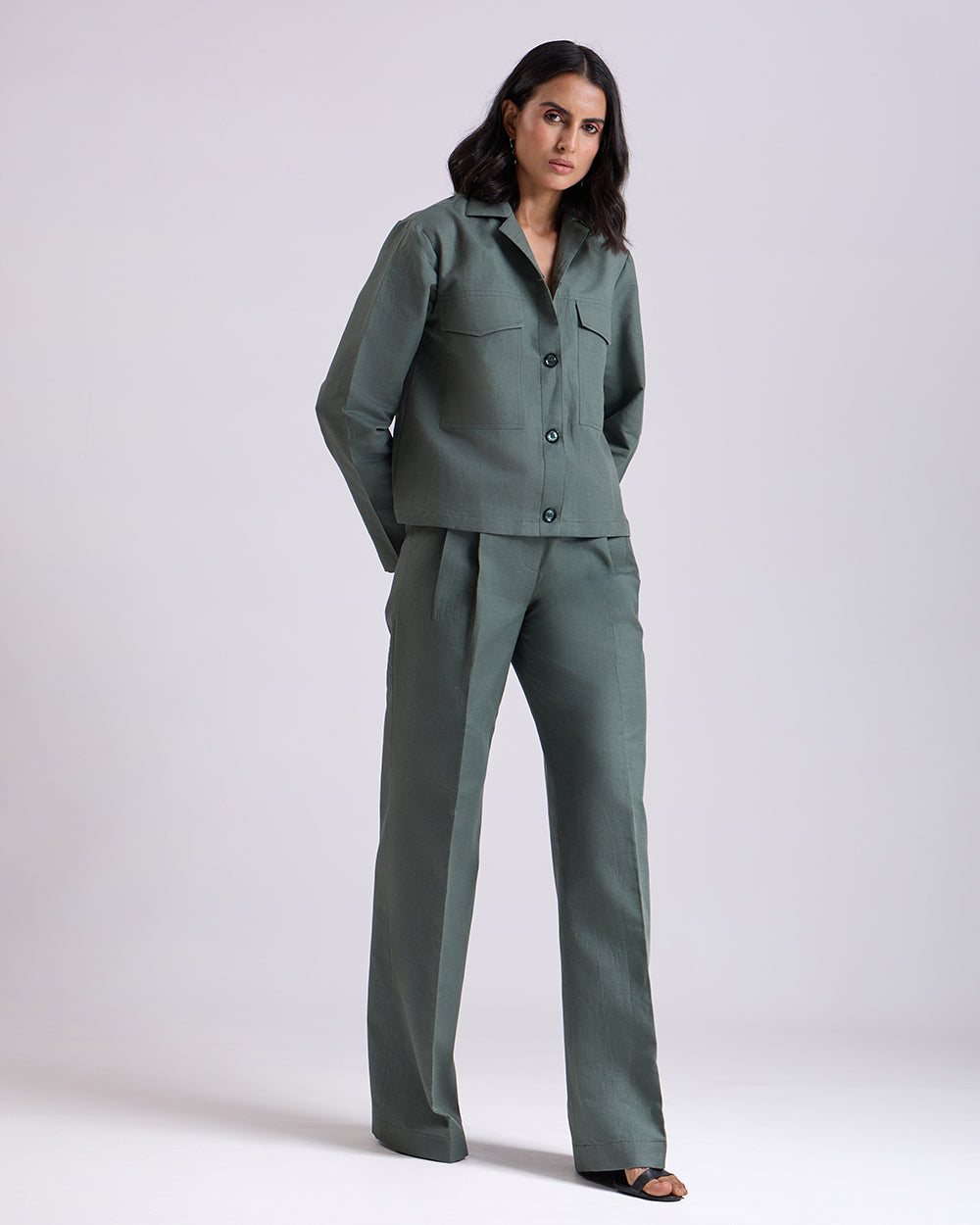 Green Crop Shirt And Pant Set