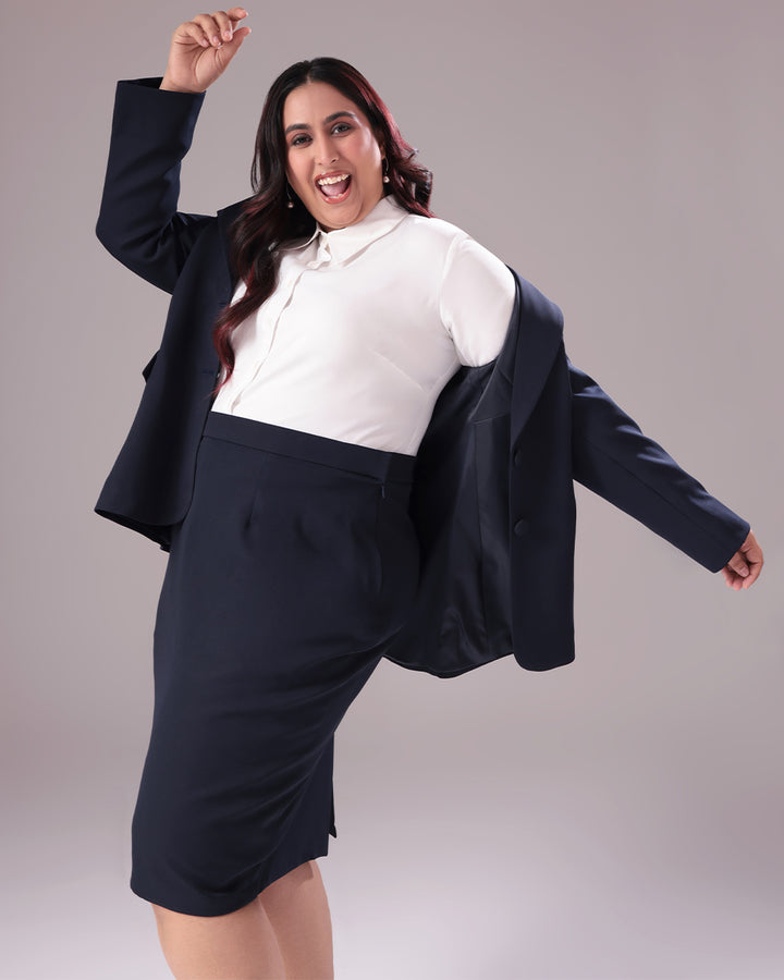 Navy Blue Single Breasted Blazer & Skirt Set