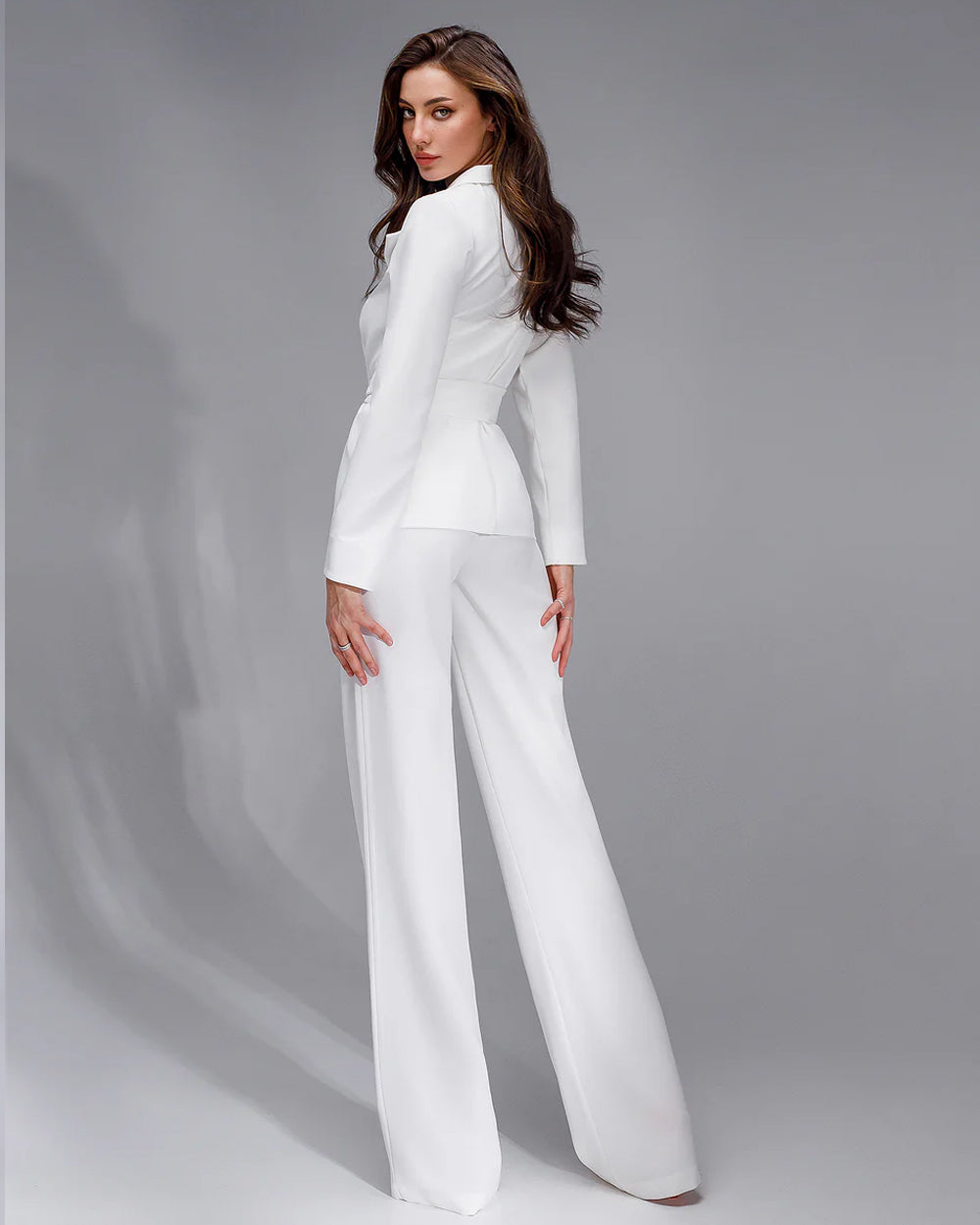 White Belted Wide-Leg Suit Blazer Suit