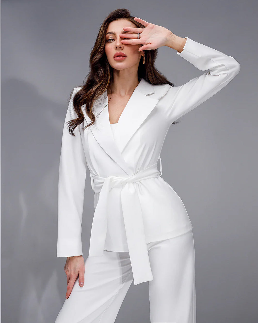 White Belted Wide-Leg Suit Blazer Suit