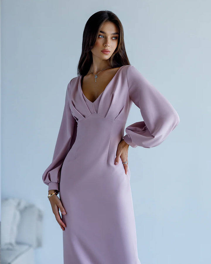 Dusty Pink V-Neck Puff-Sleeve Midi Dress