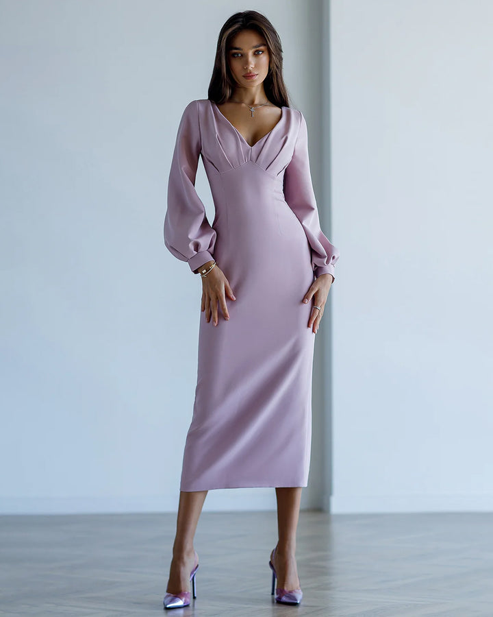 Dusty Pink V-Neck Puff-Sleeve Midi Dress