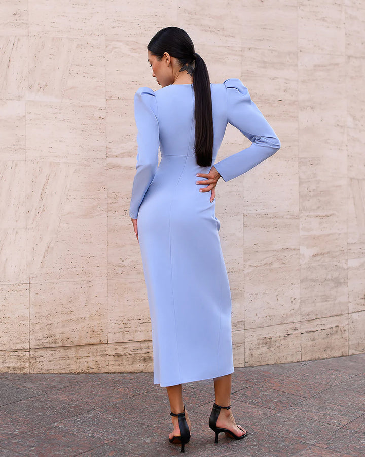 Sky Blue Puff Sleeve Midi Dress