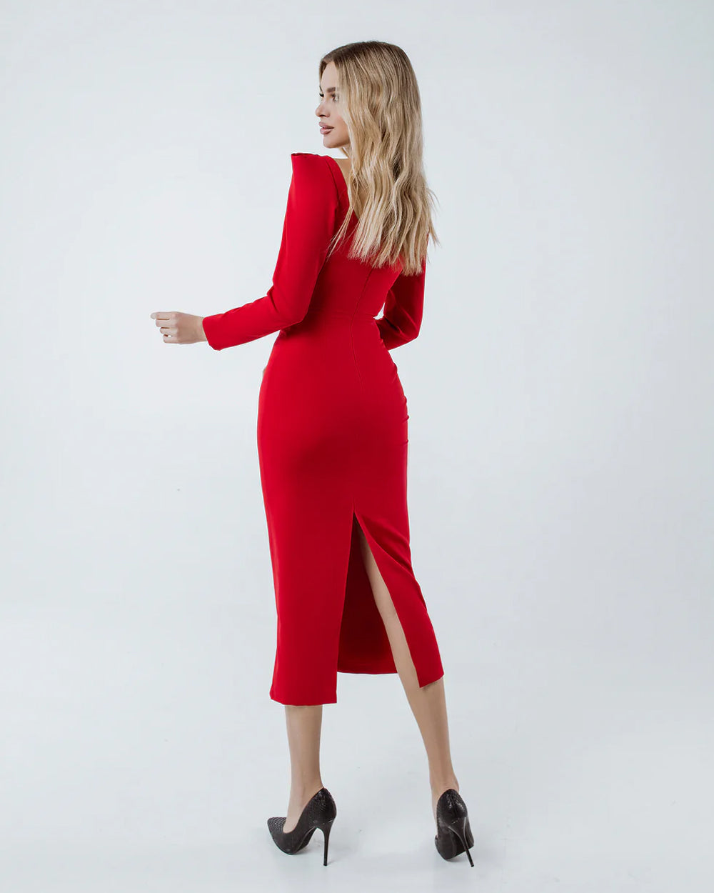 Red Square Neck Long Sleeve Midi Dress