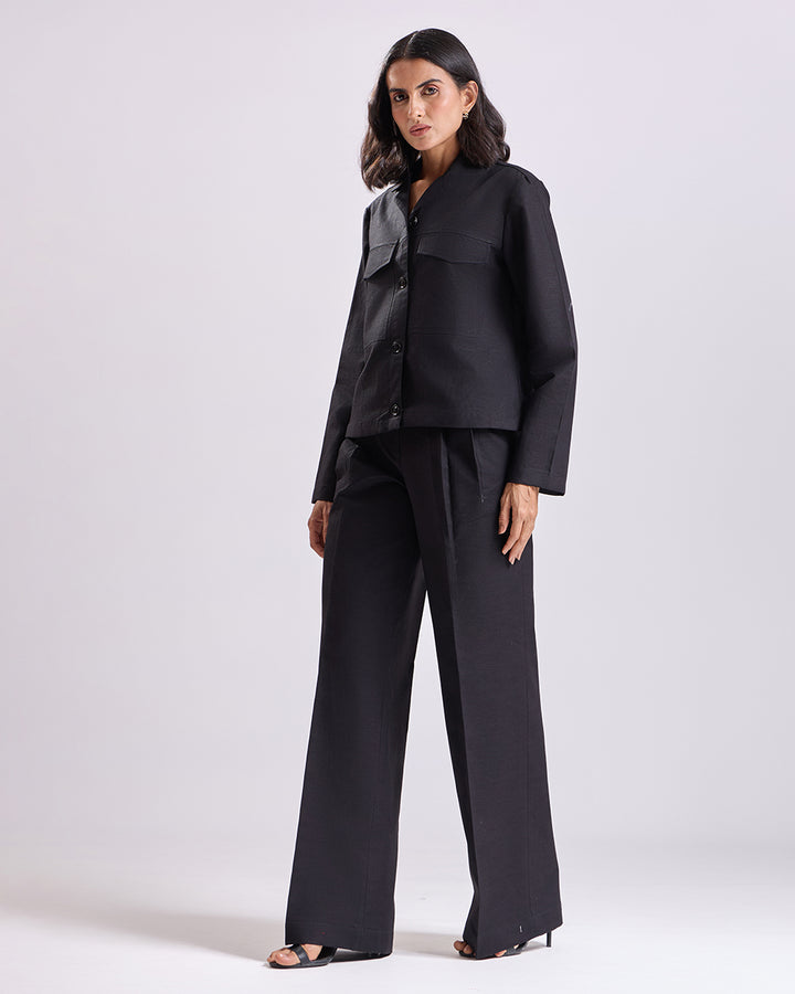 Black Crop Shirt And Pant Set