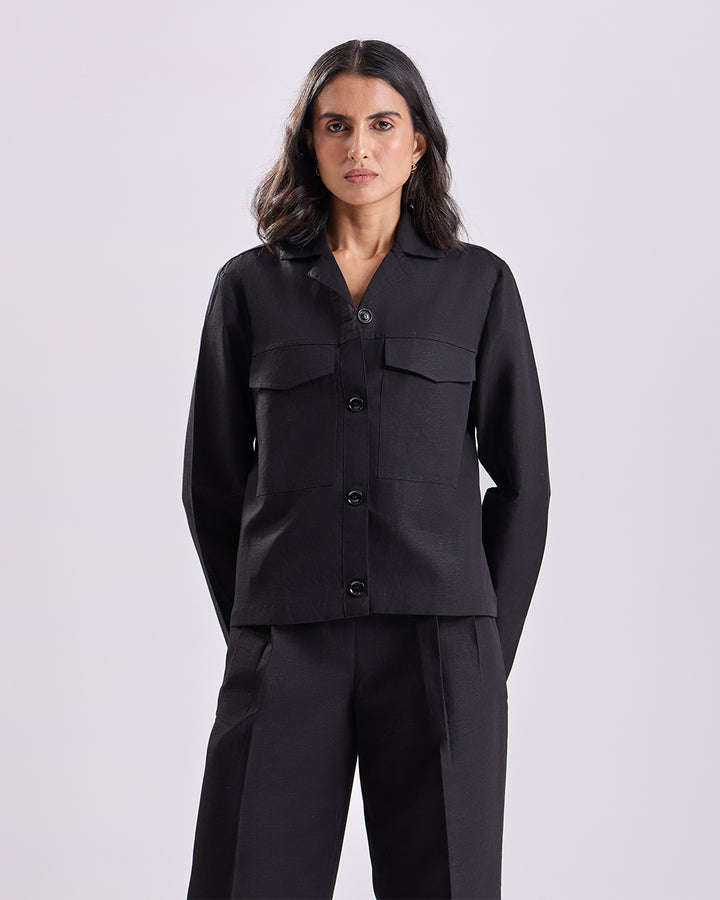 Black Crop Shirt And Pant Set