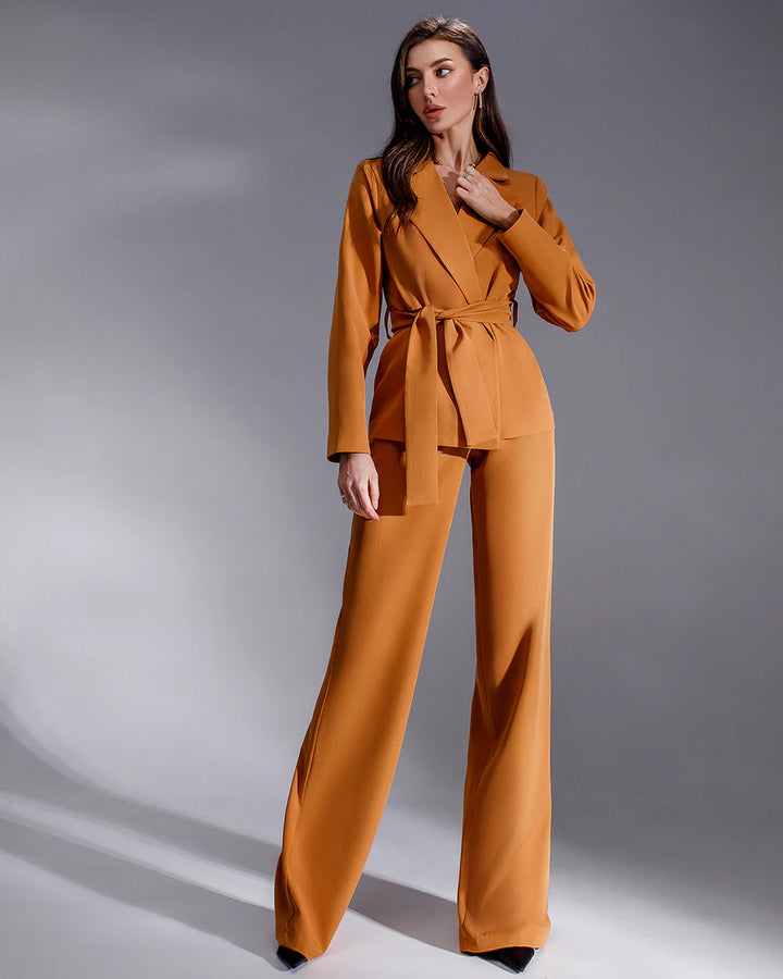 Camel Belted Wide-Leg Blazer Suit