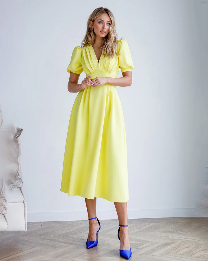 Lemon V-Neck Puff-Sleeve Midi Dress