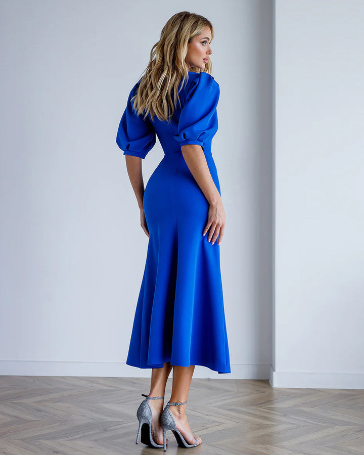 Royal Blue Puff-Sleeve Midi Dress