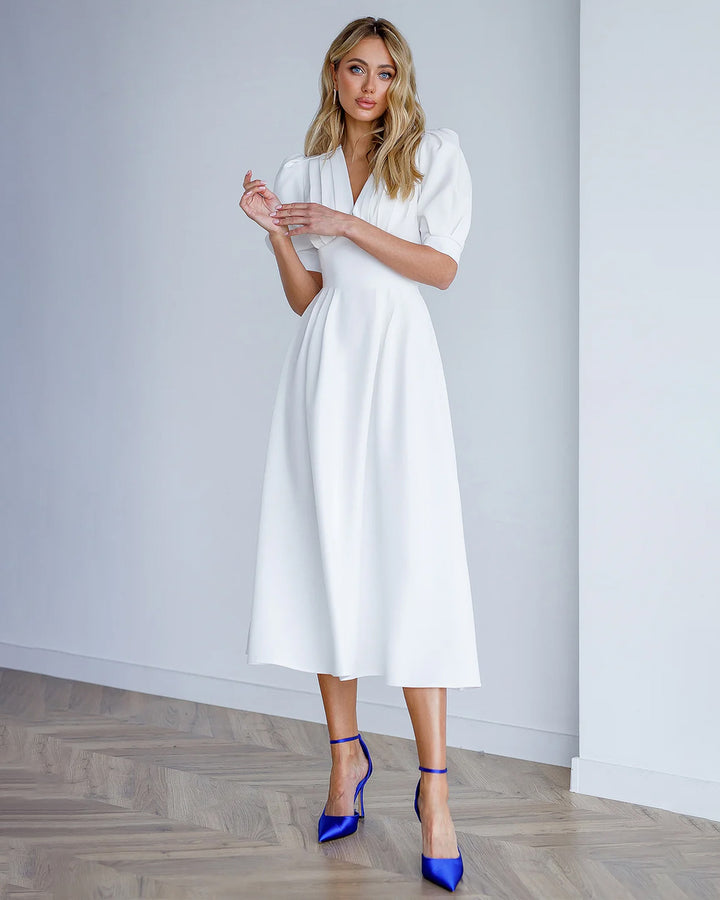 White V-Neck Puff-Sleeve Midi Dress